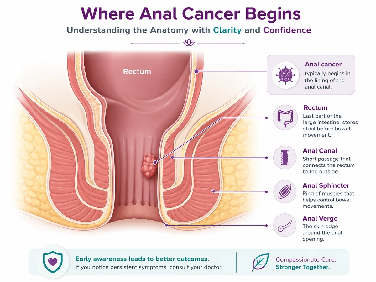 Anal canal anatomy — the short passage below the rectum where anal cancer begins, showing the rectum, anal canal, anal sphincter muscles and anal verge