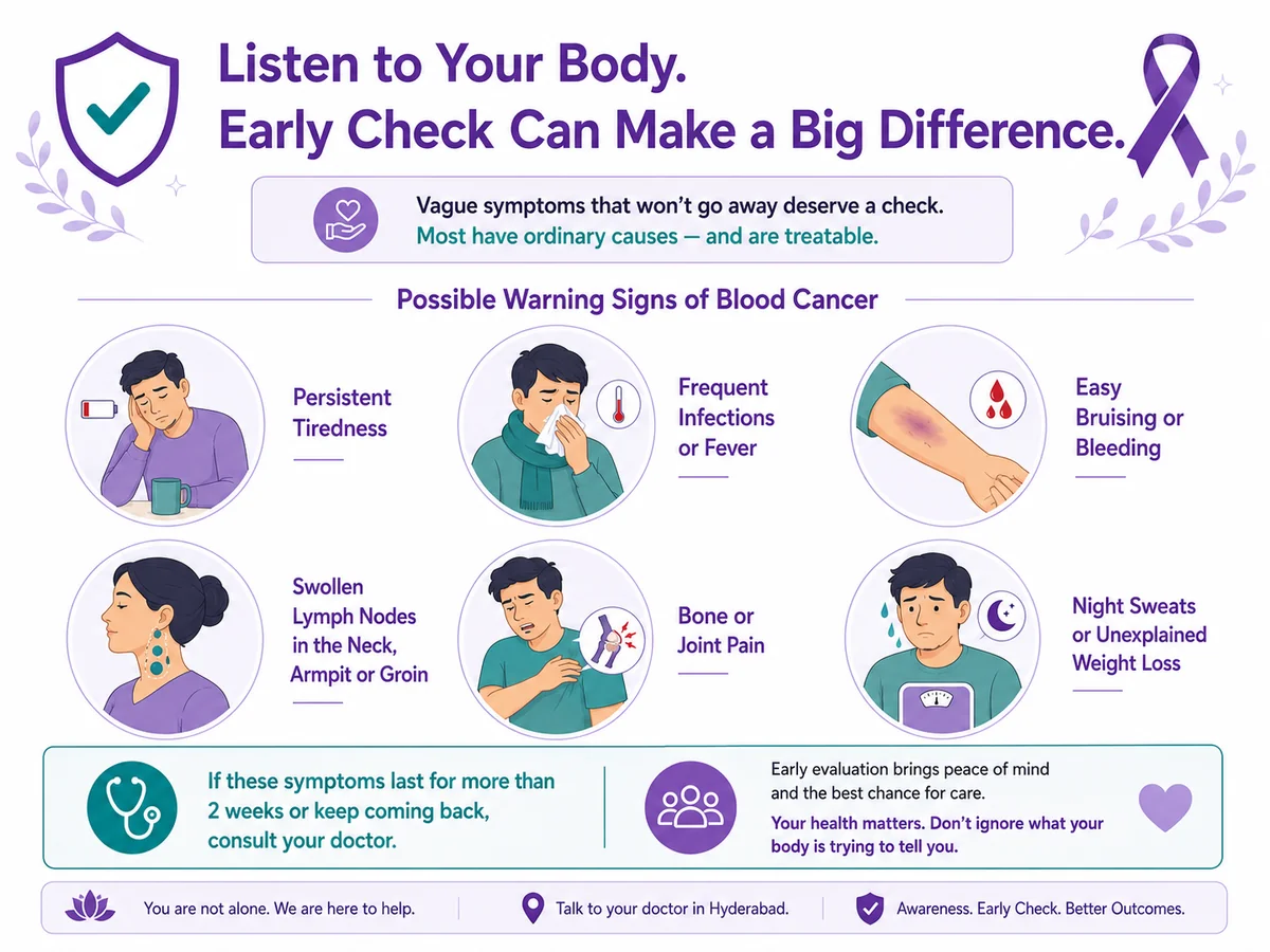 Blood cancer warning signs — tiredness, frequent infections, bruising, swollen glands, bone pain and night sweats