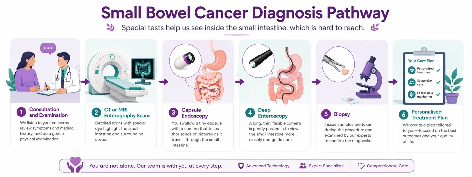 Small bowel cancer diagnosis pathway — CT/MRI enterography, capsule endoscopy, enteroscopy and biopsy