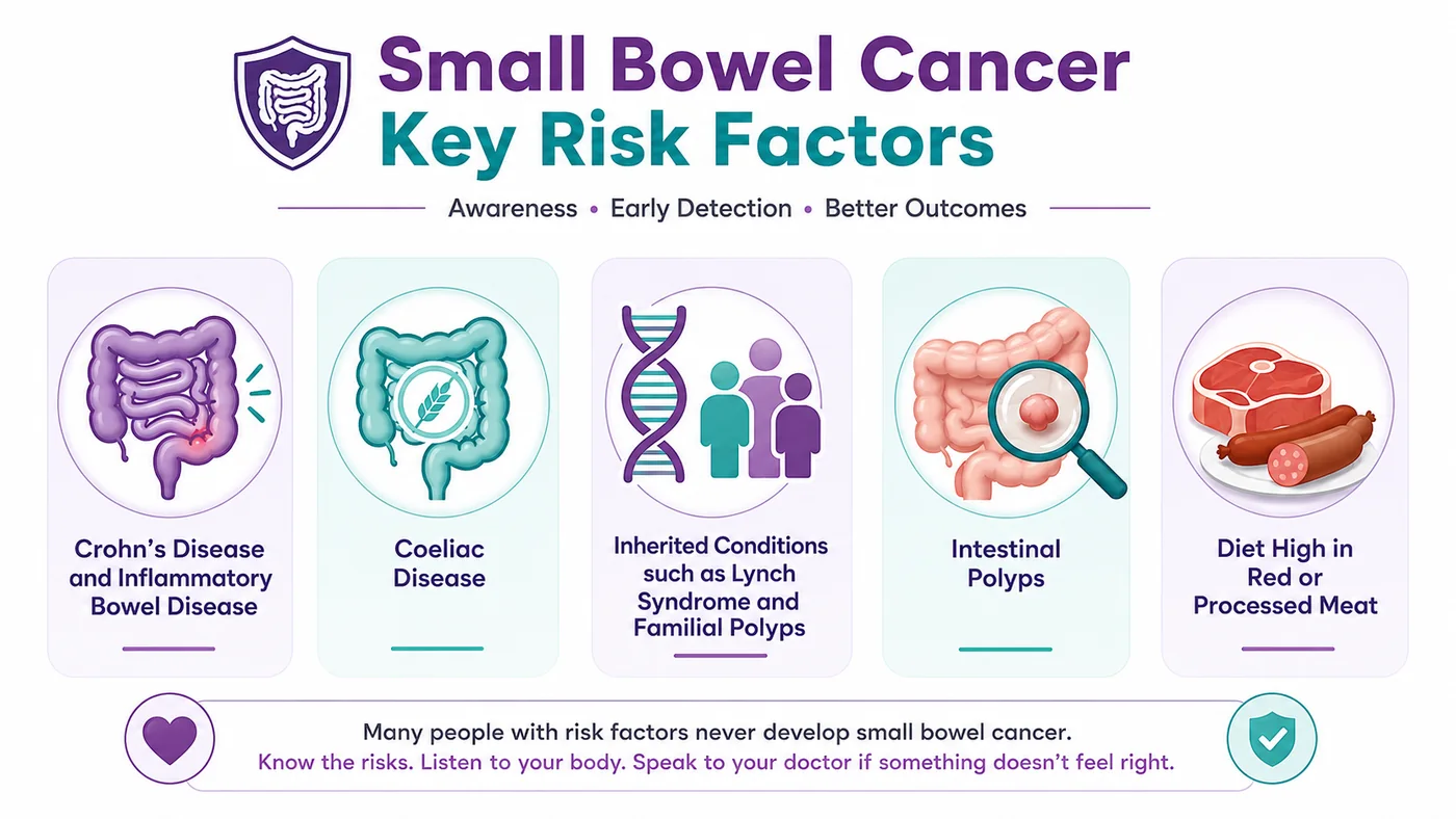Risk factors for small bowel cancer — Crohn's disease, coeliac disease, hereditary syndromes, polyps and diet