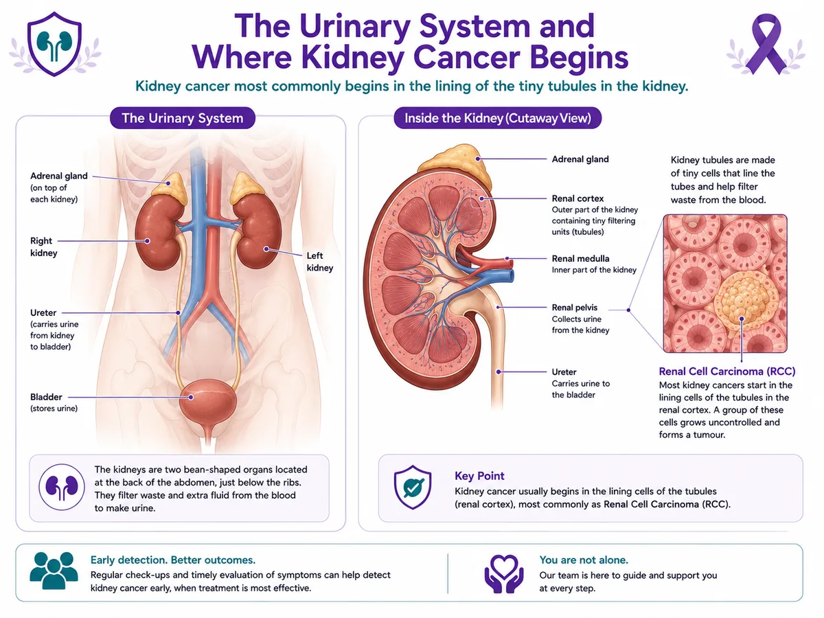 Kidney anatomy and where renal cell carcinoma begins — the kidneys, adrenal glands and the tubule lining