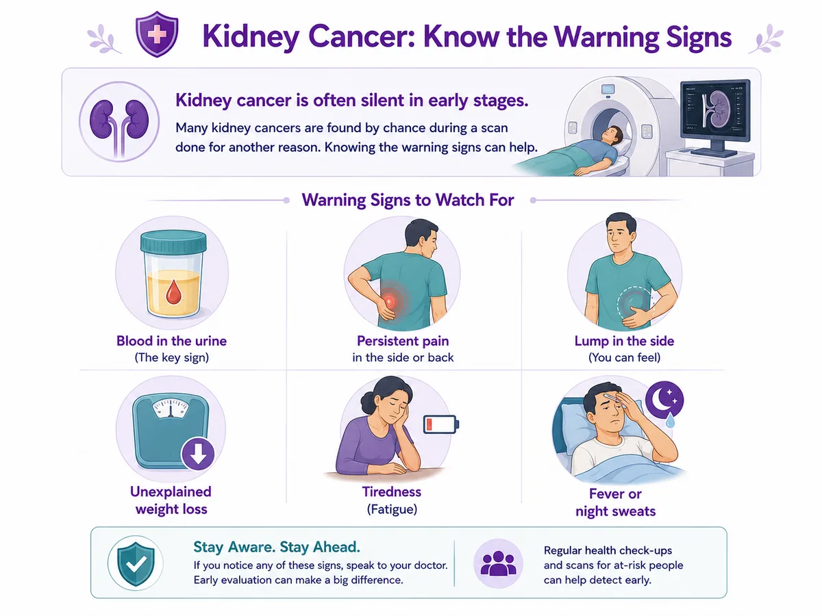 Kidney cancer warning signs — blood in the urine, side or back pain, a lump, weight loss, tiredness and fever