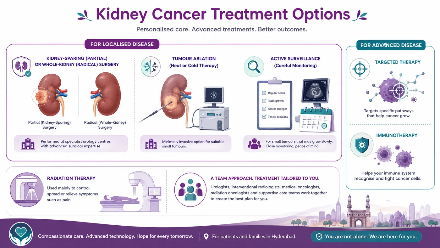 Kidney cancer treatment — kidney-sparing or radical surgery, ablation, active surveillance, and targeted therapy and immunotherapy