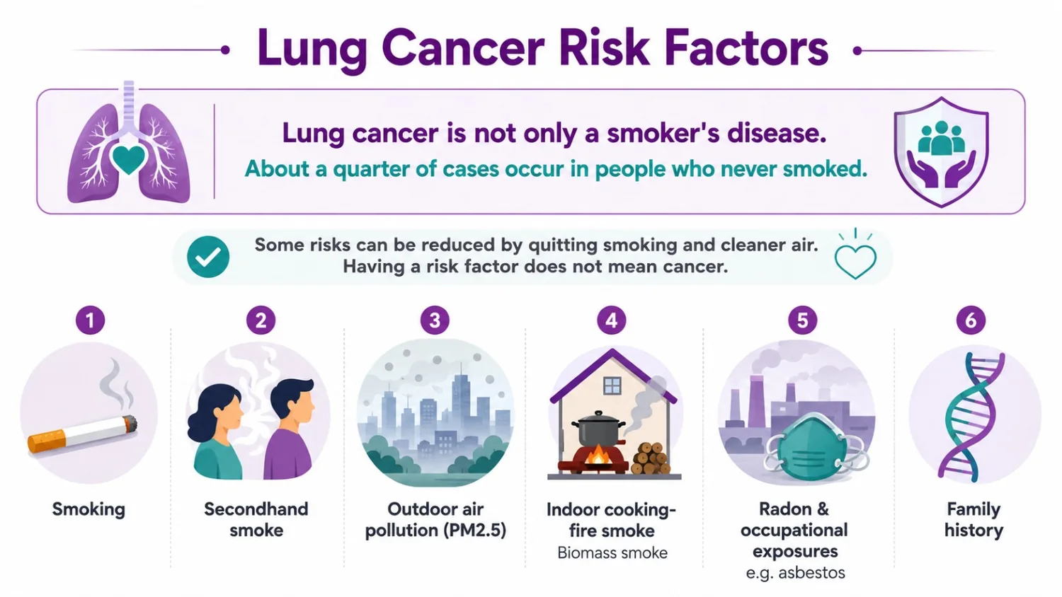 Lung cancer risk factors — smoking, secondhand smoke, outdoor air pollution, indoor cooking-fire smoke, radon and occupational exposures, and family history, with about a quarter of cases in never-smokers