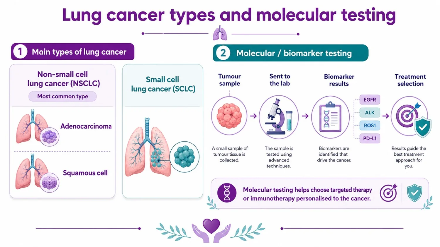 Lung cancer types and molecular testing — NSCLC (adenocarcinoma, squamous cell) and SCLC, and biomarker testing for EGFR, ALK, ROS1 and PD-L1 that guides targeted therapy and immunotherapy