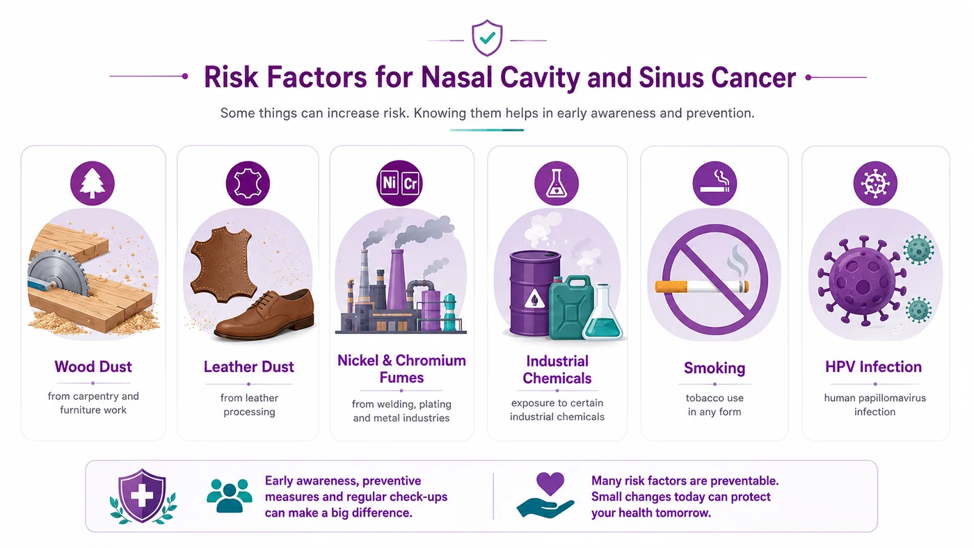 Risk factors for nasal cancer — wood dust, leather dust, nickel and chemicals, smoking and HPV