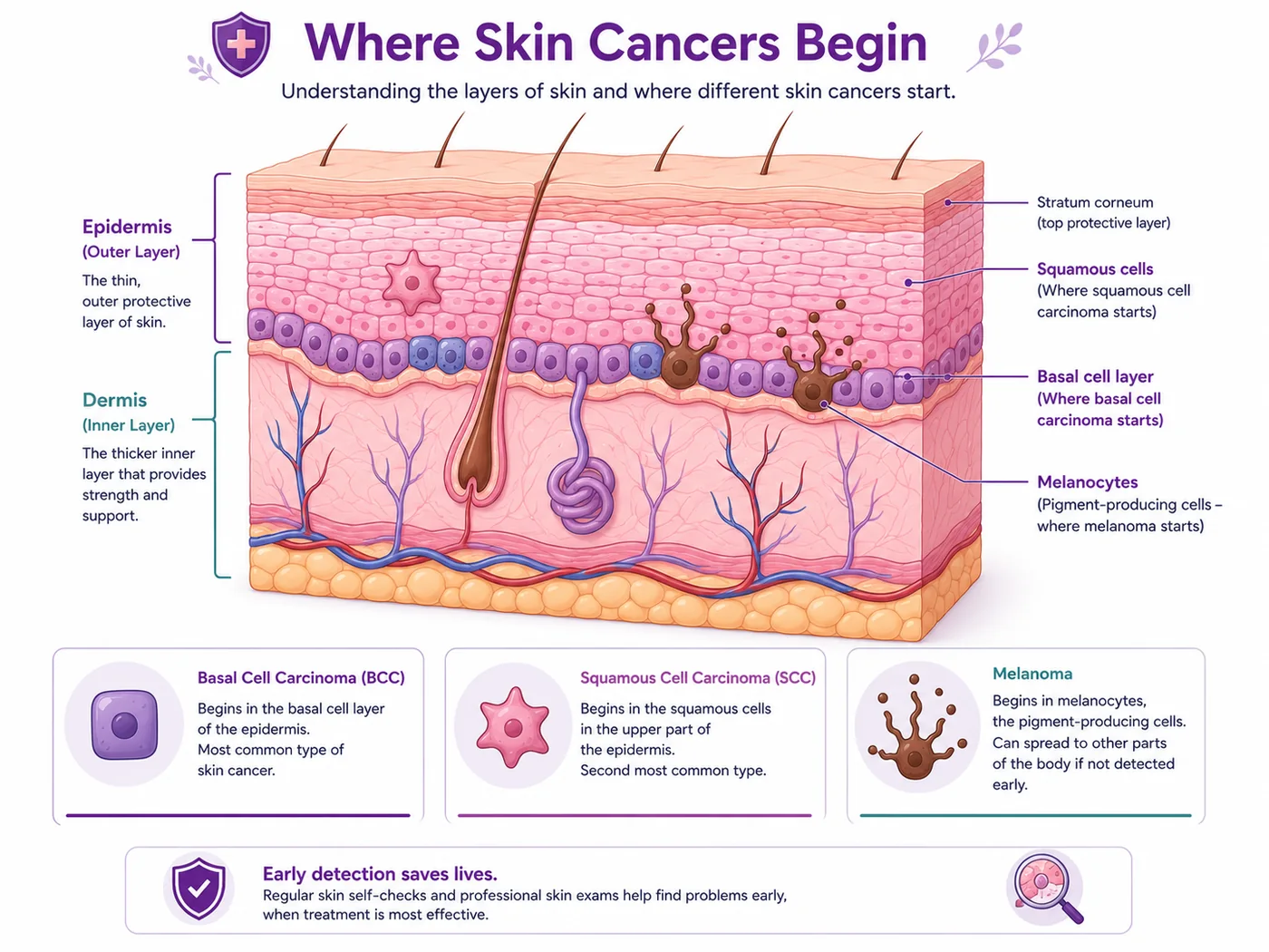 Skin layers and where the three skin cancers begin - basal cell, squamous cell and melanoma