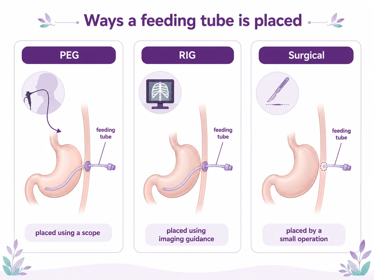 Diagram comparing the three ways a gastrostomy feeding tube is placed — PEG using a scope, RIG using imaging guidance, and a surgical gastrostomy, CION Cancer Clinics Hyderabad