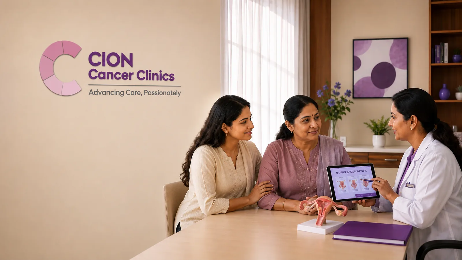 A CION gynaecologic-oncology doctor discussing hysterectomy options with a woman and her daughter during a free consultation in Hyderabad