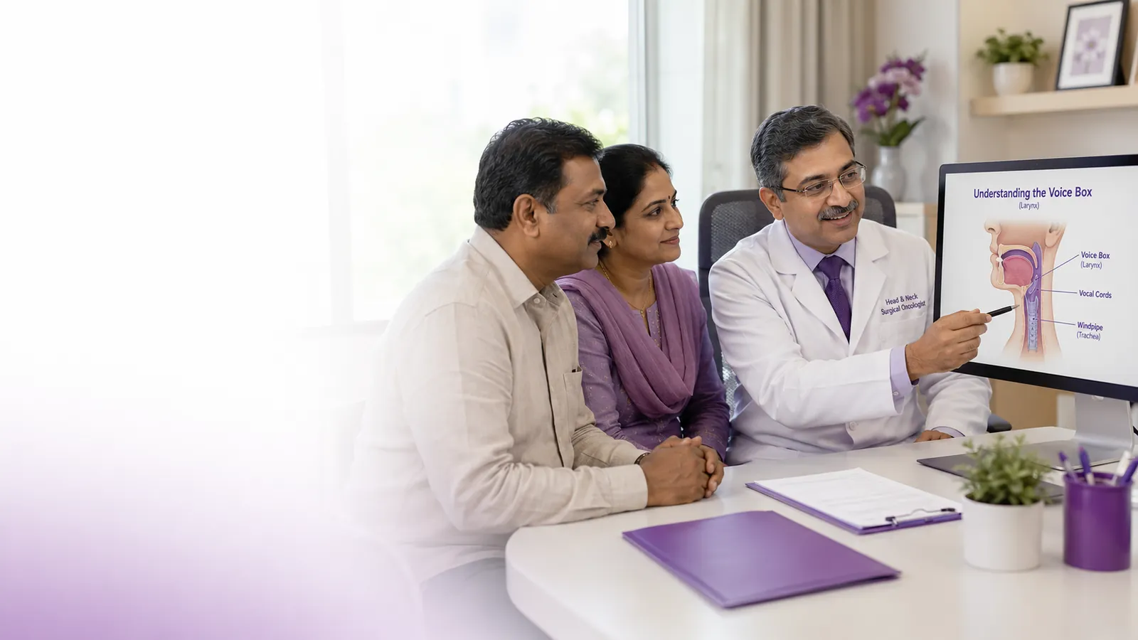 A CION head and neck surgical oncologist discussing voice-box cancer surgery with a patient and family during a free consultation in Hyderabad
