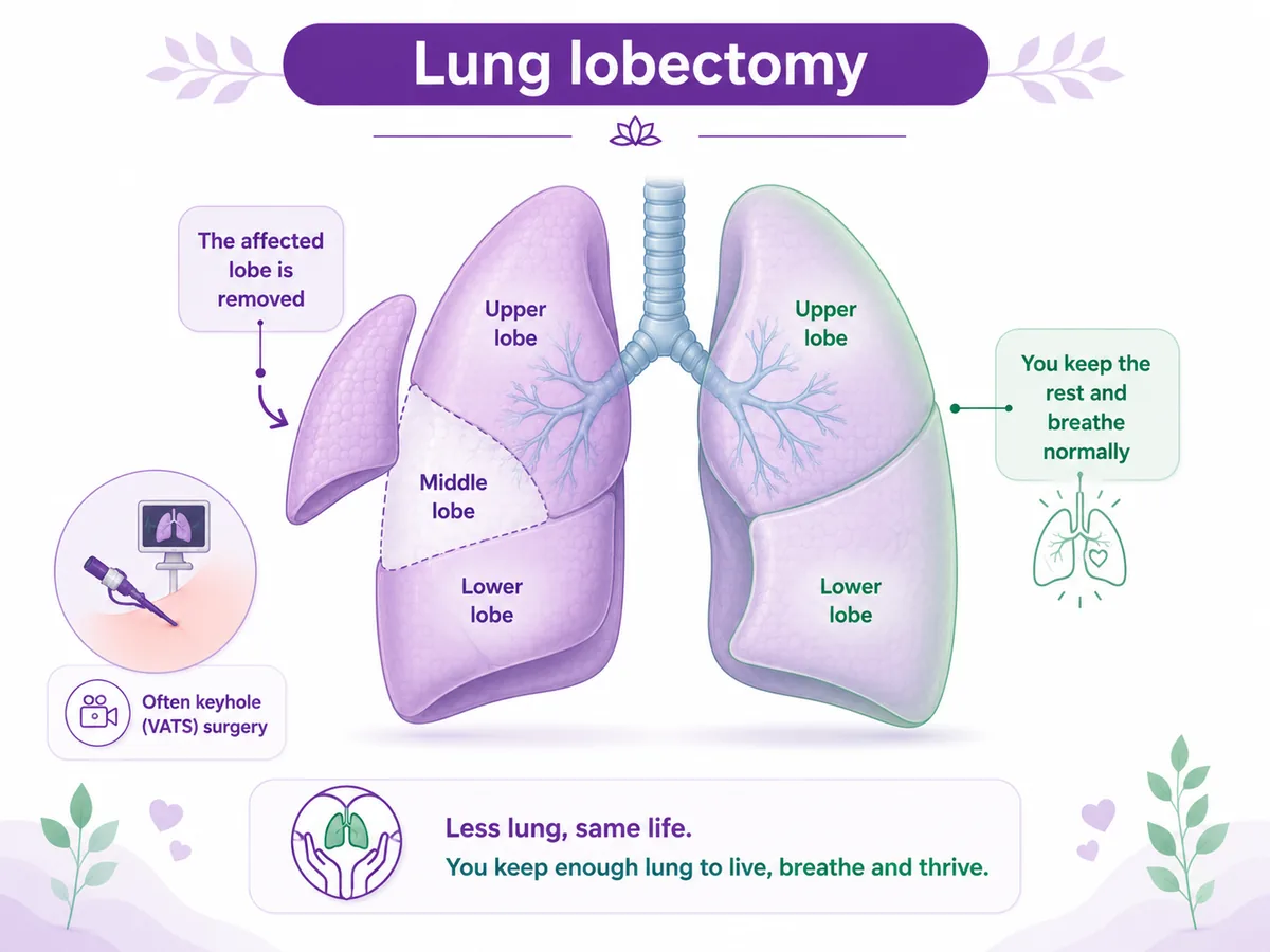 Diagram of a lung lobectomy — the affected lobe removed while the remaining upper, middle and lower lobes keep you breathing, often by keyhole (VATS) surgery, CION Cancer Clinics Hyderabad
