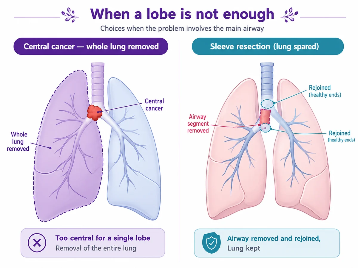 Diagram comparing a central lung cancer that needs a whole-lung pneumonectomy with a lung-sparing sleeve resection that removes and rejoins the airway to avoid removing the whole lung, CION Cancer Clinics Hyderabad