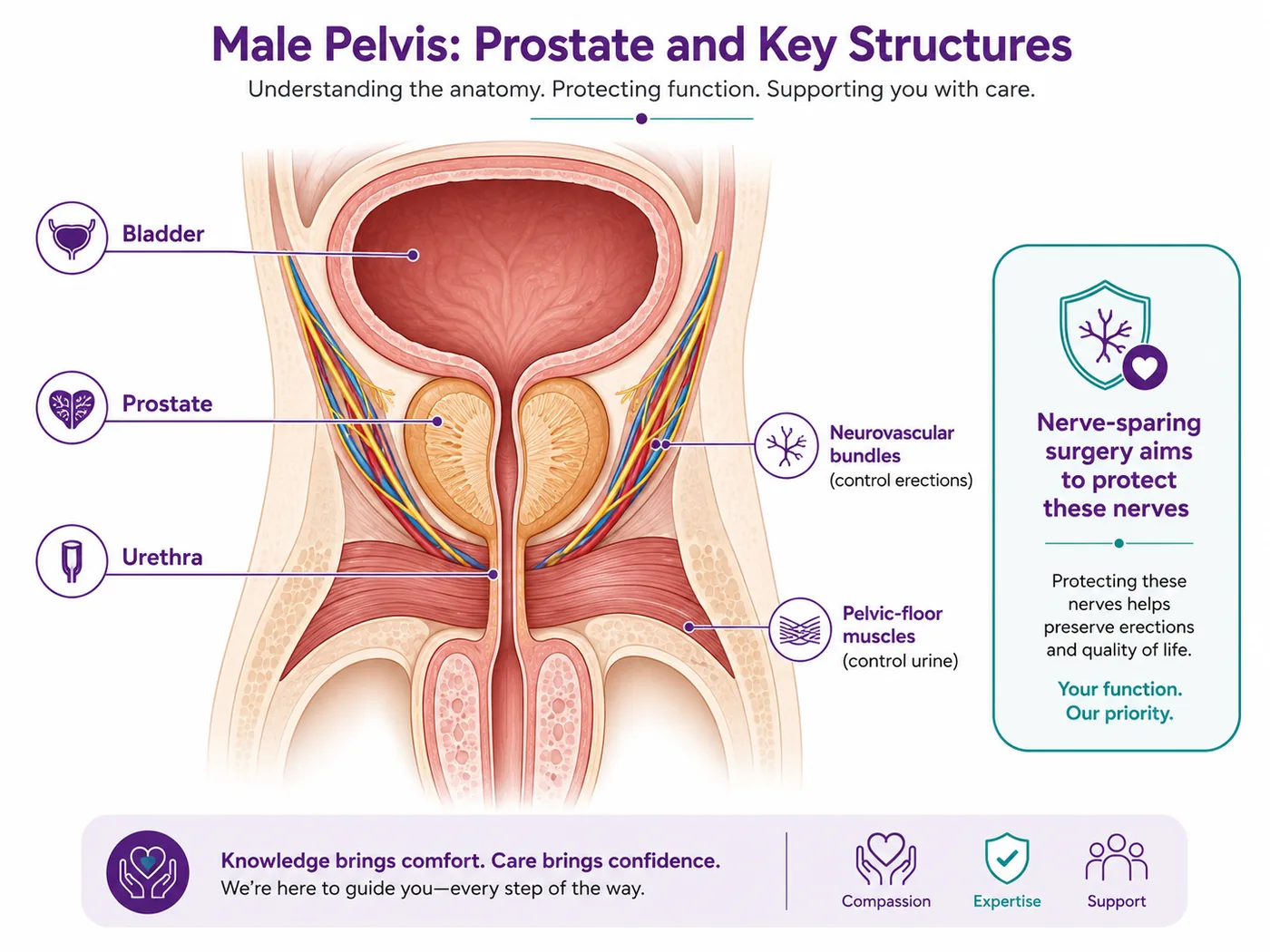 Anatomy of the male pelvis showing the bladder, prostate, urethra, neurovascular bundles that control erections and the pelvic-floor muscles that control urine — the structures nerve-sparing surgery aims to protect