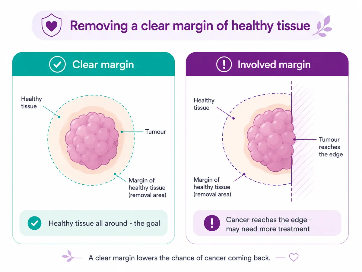 Diagram of a clear surgical margin versus an involved margin in radical resection — removing a rim of healthy tissue around the tumour, CION Cancer Clinics Hyderabad