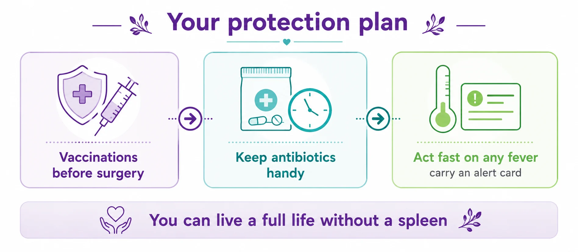 Diagram of the infection-protection plan after a splenectomy: vaccinations before surgery, keeping antibiotics handy, and acting fast on any fever while carrying an alert card, so you can live a full life without a spleen, CION Cancer Clinics Hyderabad