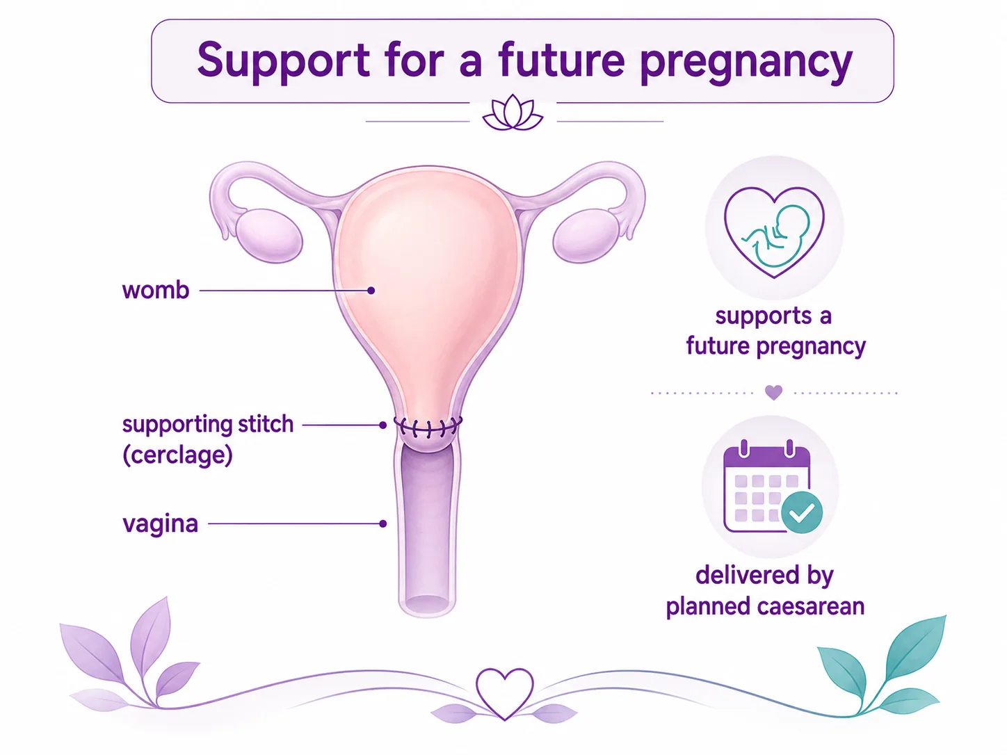 Diagram showing how pregnancy is supported after a trachelectomy: the womb is kept and a small cerclage stitch supports a future pregnancy, delivered by planned caesarean