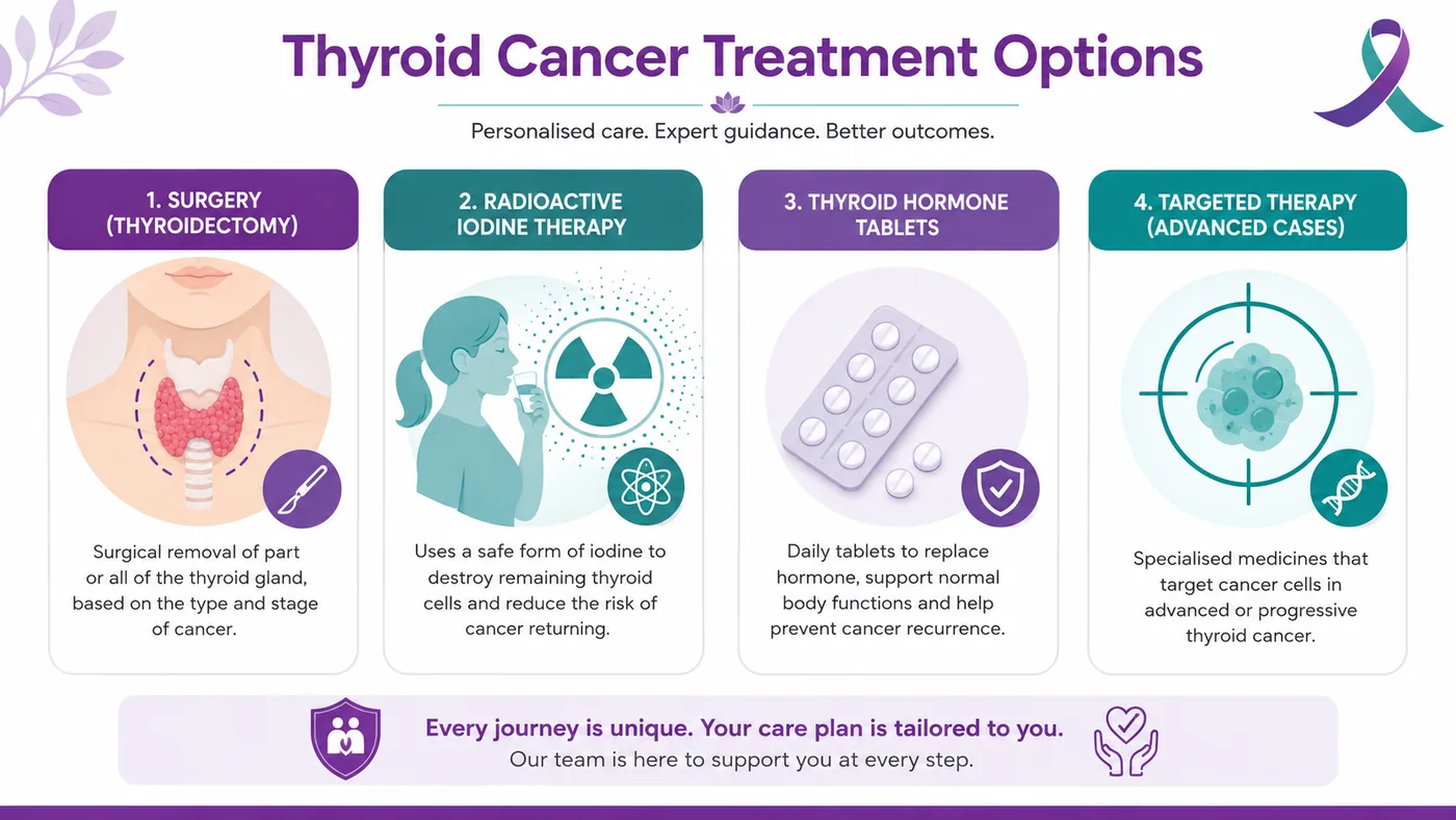 Thyroid cancer treatment options - thyroidectomy, radioactive iodine, hormone therapy and targeted therapy