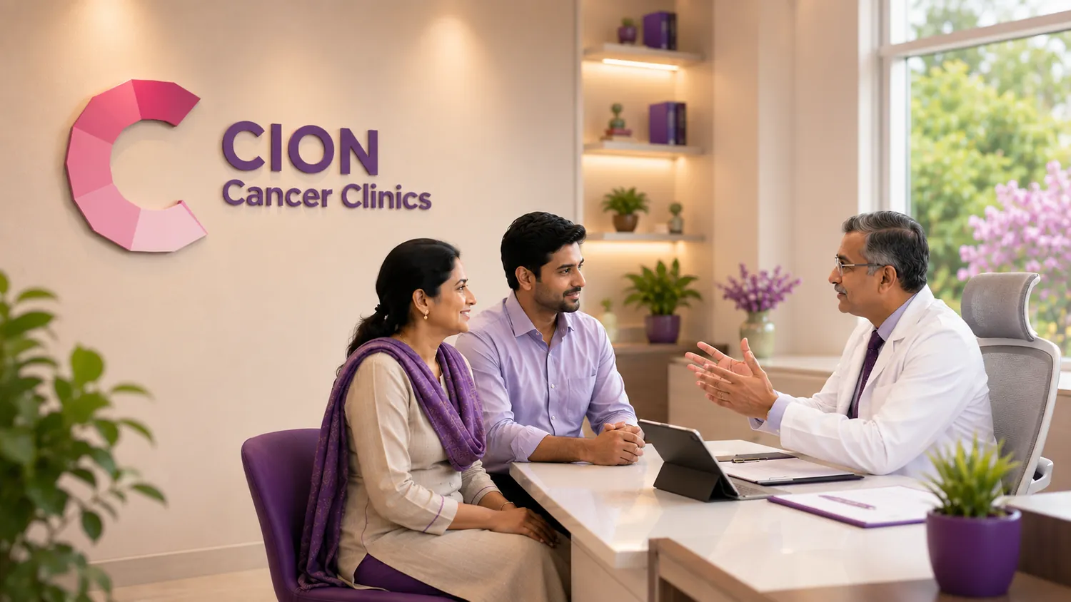 A CION oncologist explaining a cancer diagnosis to a patient and their family during a second-opinion consultation