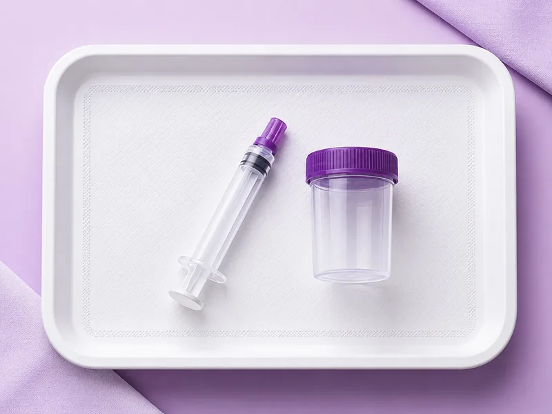 A syringe and a screw-top specimen container side by side on a tray, the two vessels used when both marrow samples are taken in one sitting