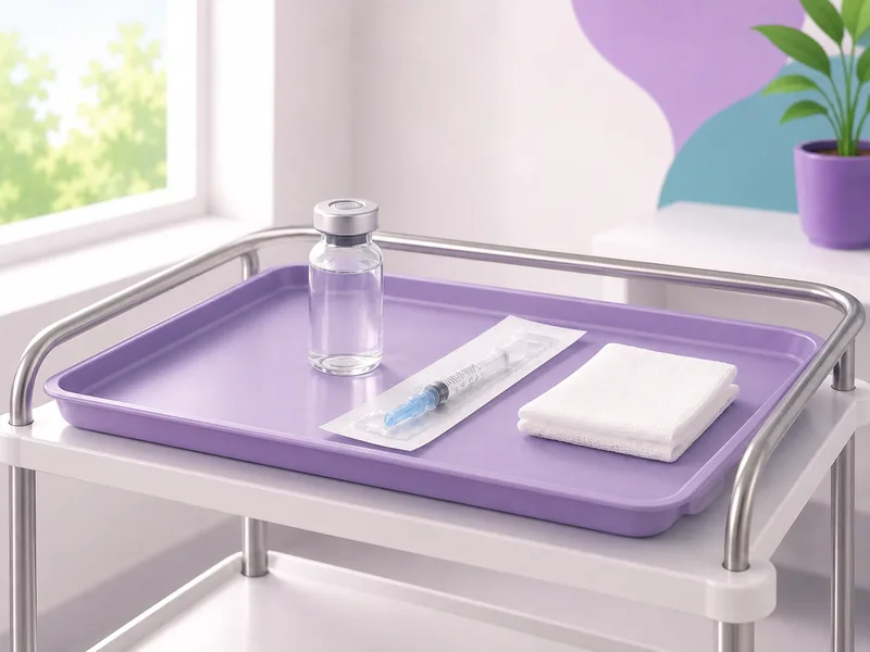 A trolley tray holding a small vial, a syringe and folded gauze, prepared before the area is numbed