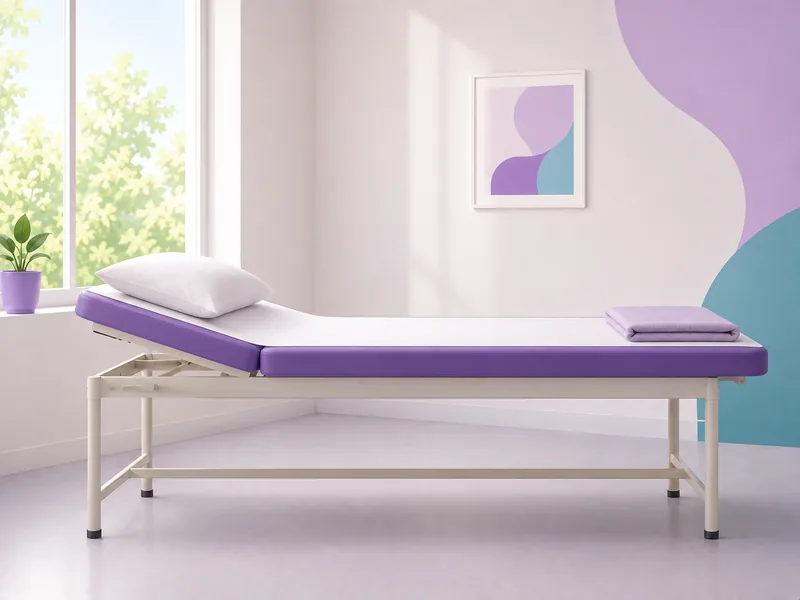 An examination couch with a pillow at one end, set up for lying on your side