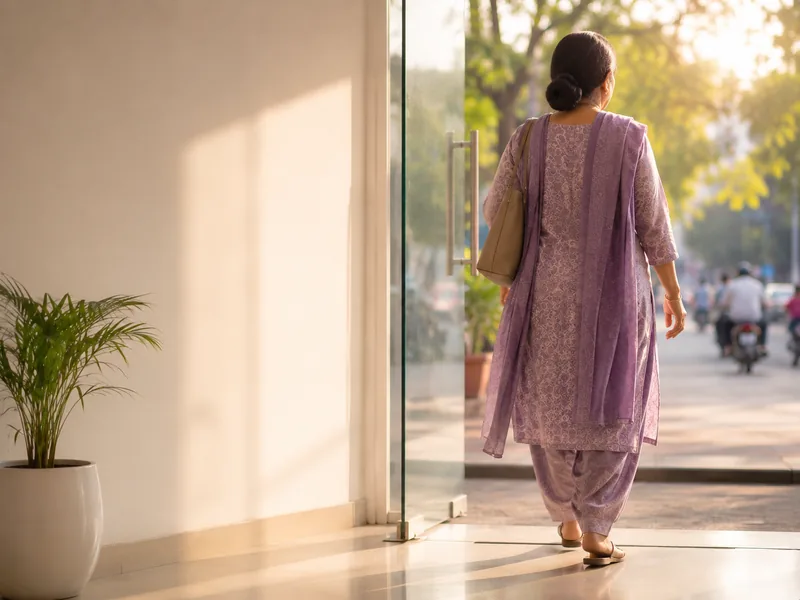 A patient walking out through the clinic entrance after the test, going home the same day