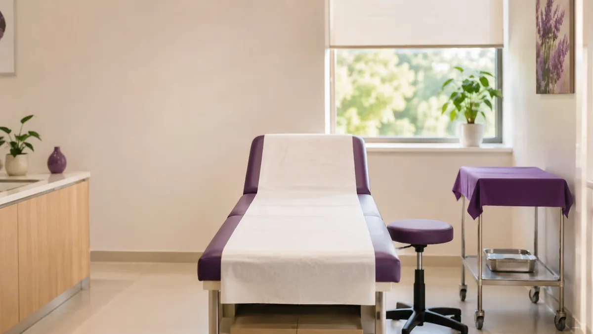 A consultation room at a CION centre in Hyderabad with an examination couch made up and a stool beside it