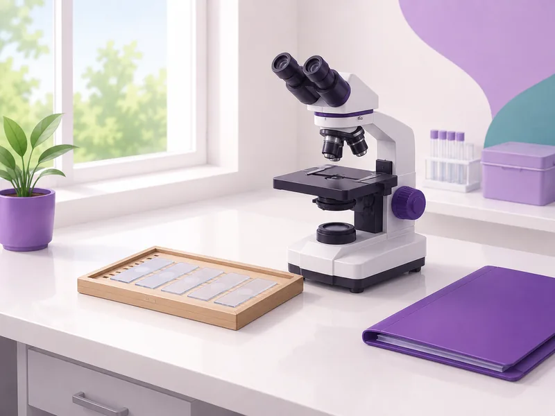 A microscope on a laboratory bench beside a tray of prepared slides and a report folder