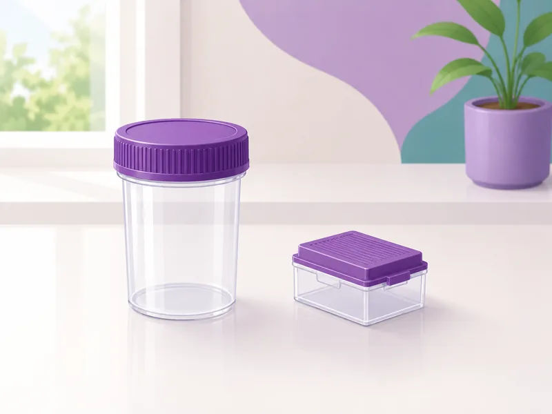 A specimen jar beside a small square cassette on a counter, the containers marrow and a bone core are sent to the laboratory in