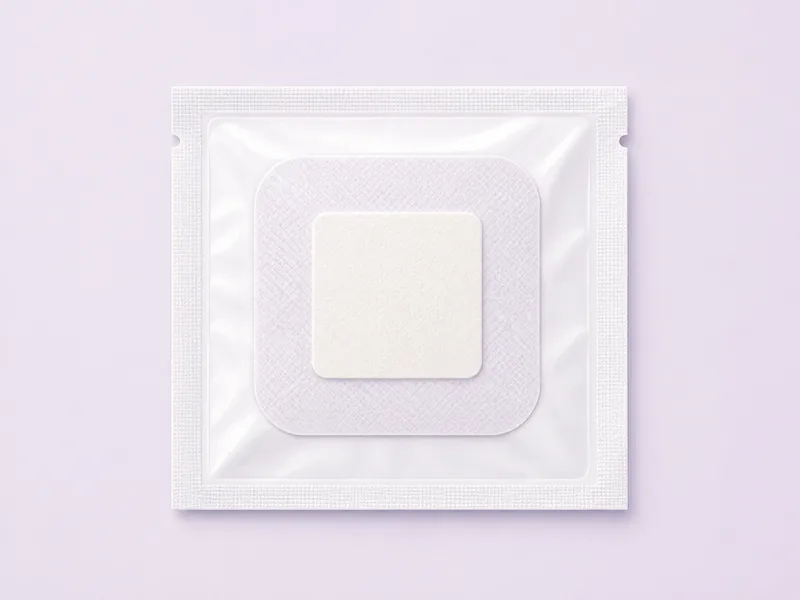 A sterile adhesive dressing sealed in its packet, the single dressing that goes on after both samples are taken