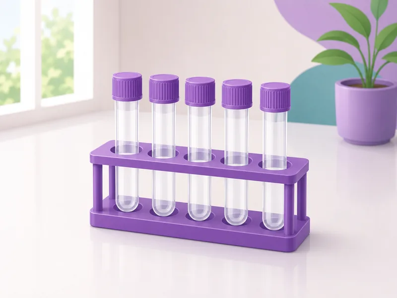 A rack of capped blood collection tubes on a laboratory bench