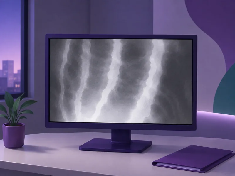 A greyscale scan image displayed on a monitor in a reporting room