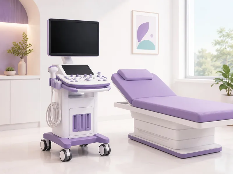 An ultrasound machine beside an examination couch, used to place the needle when a lump cannot be felt from outside