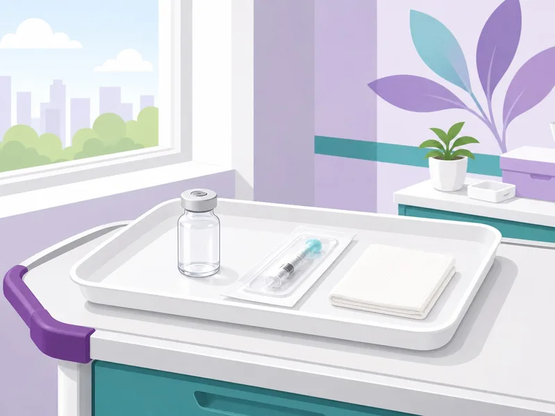 A tray laid out with the local anaesthetic vial, a sealed syringe and gauze before the area is numbed