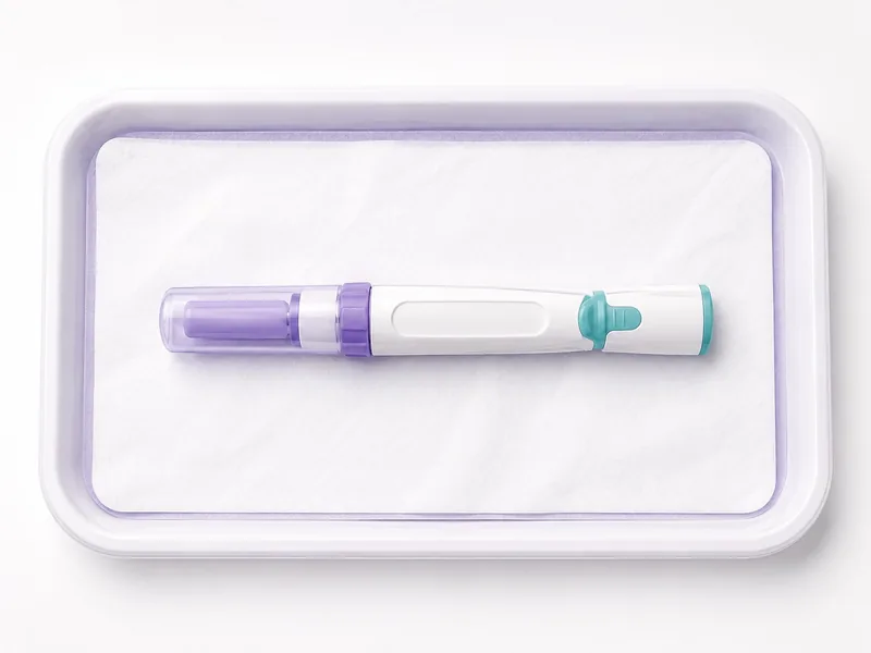A spring-loaded core biopsy device resting on a sterile tray