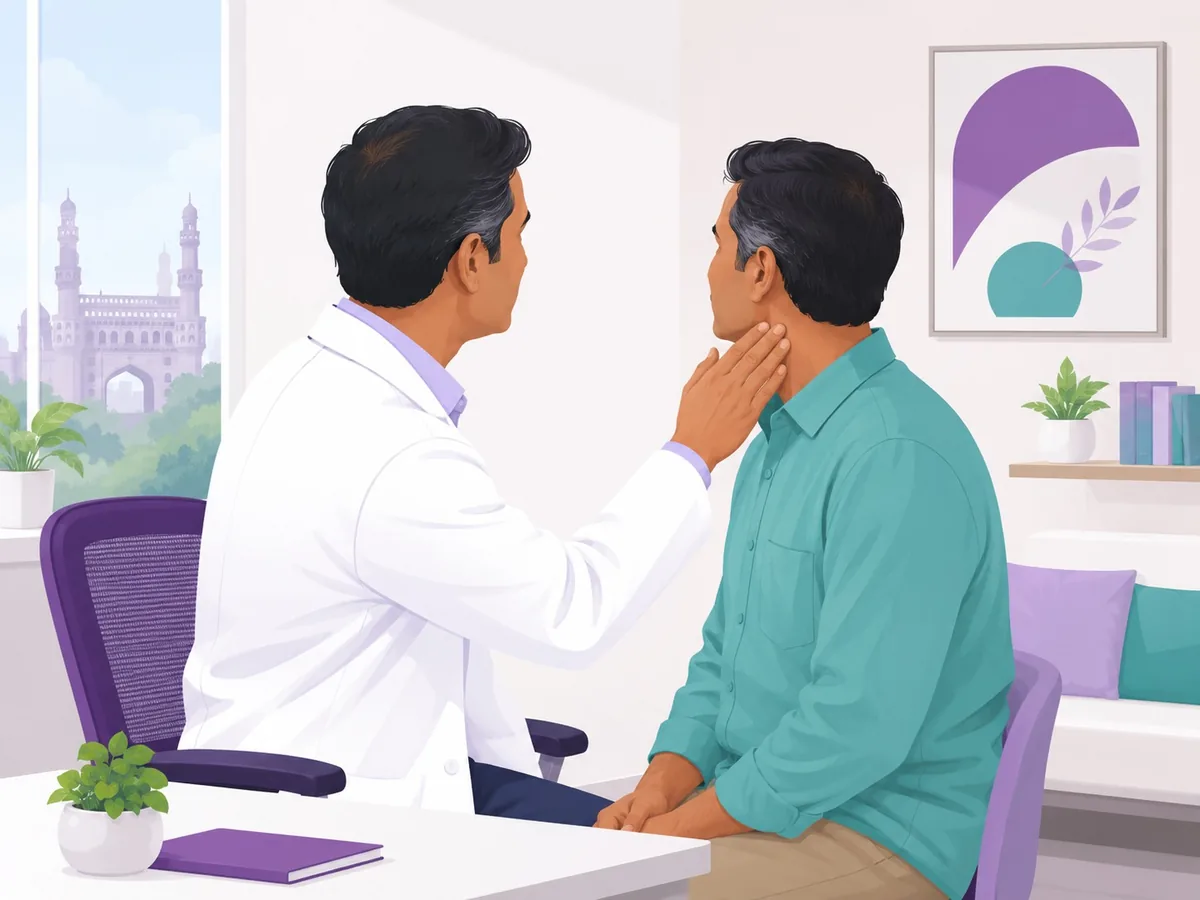 An oncologist at a CION centre in Hyderabad examining a lump in a patient's neck before a core needle biopsy is booked