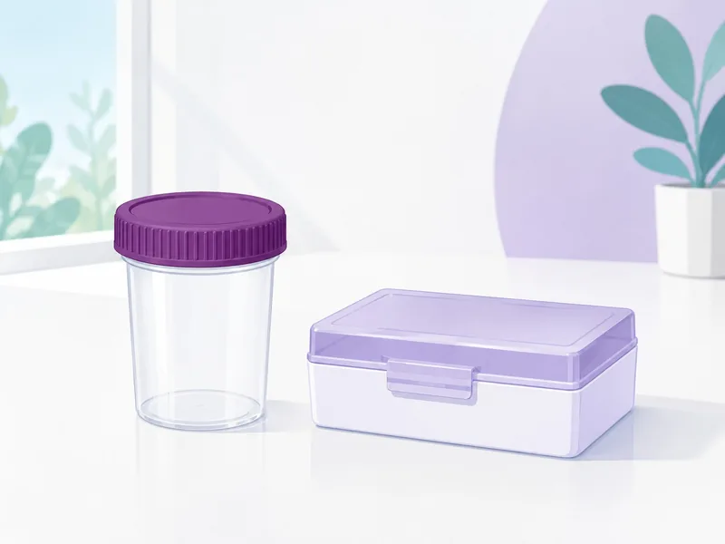 A specimen pot and a tissue cassette box, how a core of tissue is sent to the laboratory