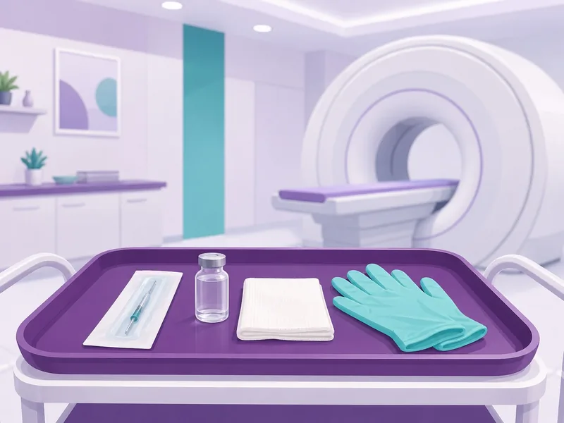 A sterile tray with a needle, numbing medicine and gauze laid out beside a CT scanner