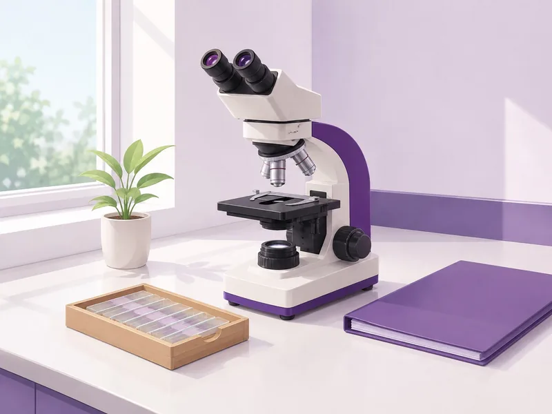 A microscope and stained tissue slides, where a pathologist reads the biopsy sample