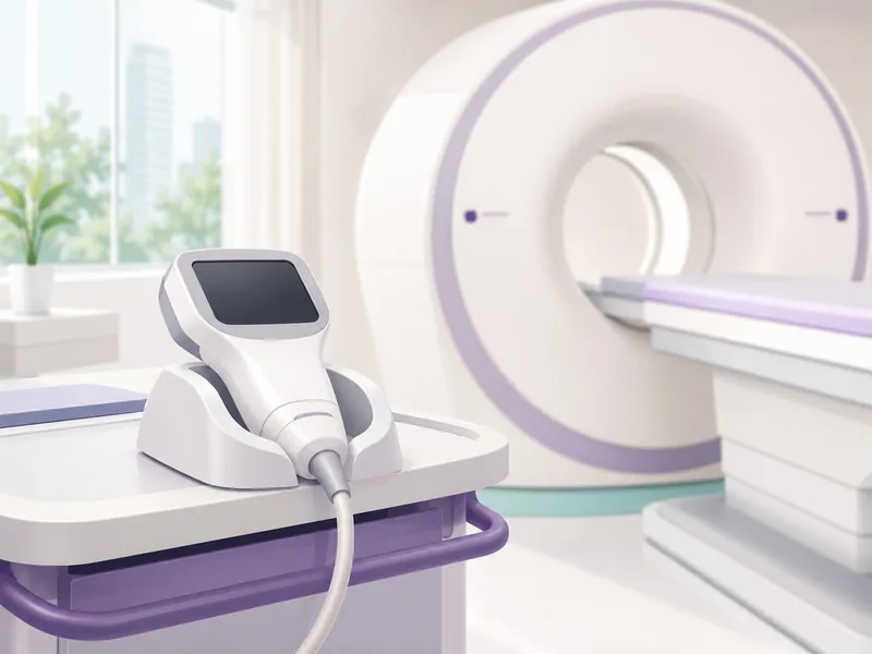 A handheld scanner probe on a trolley beside a CT scanner, the two ways of finding a biopsy target