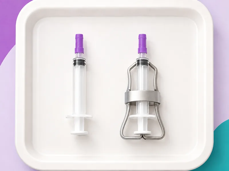 A plain FNAC syringe beside a syringe held in a suction device handle, the difference between the two FNAC prices