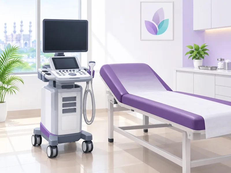 An ultrasound machine beside an examination couch, used to guide the needle when a lump is small or deep