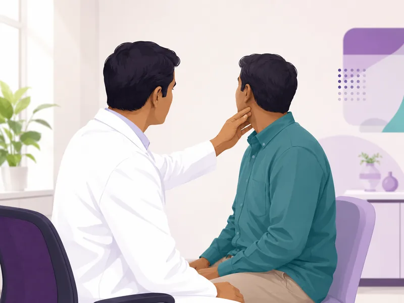 An oncologist examining a lump in a patient's neck before deciding whether the FNAC needle needs ultrasound guidance