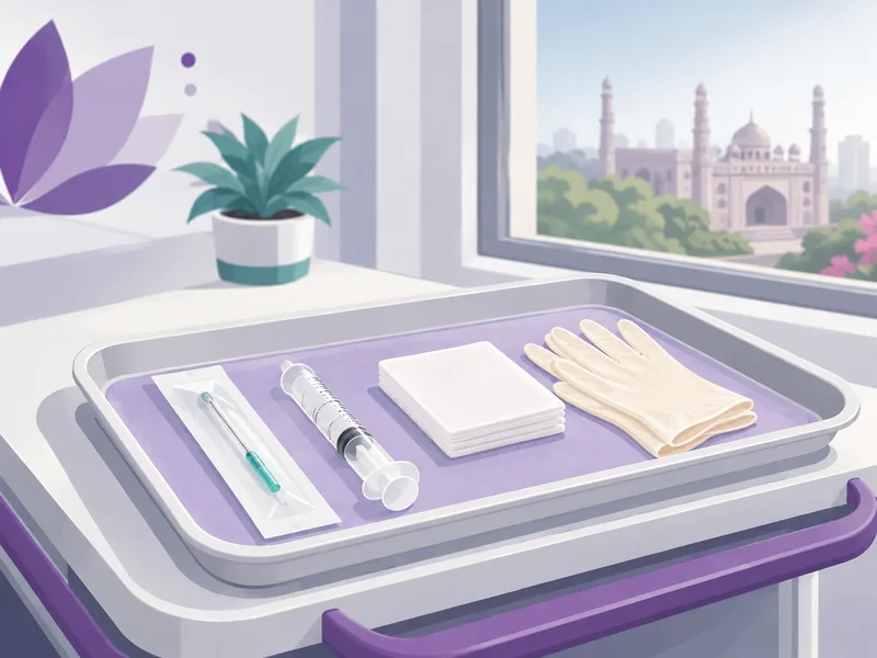 A sterile tray laid out for an FNAC with a fine needle, a syringe, gauze and gloves