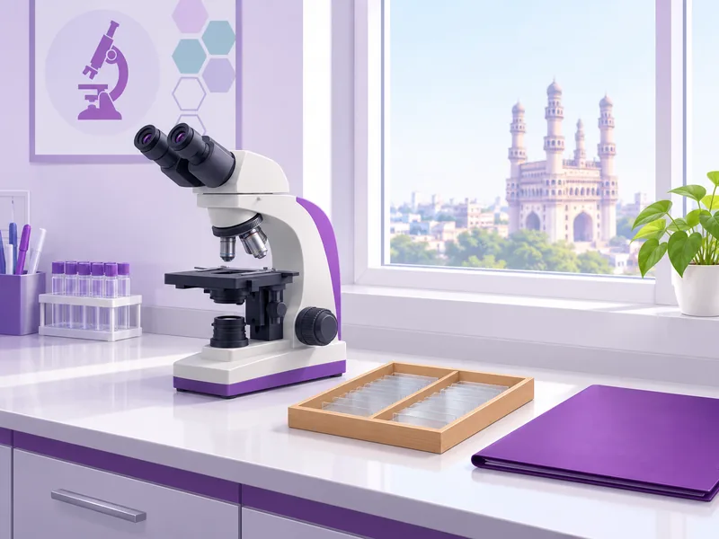 A microscope and a tray of slides in the pathology lab where an FNAC sample is read