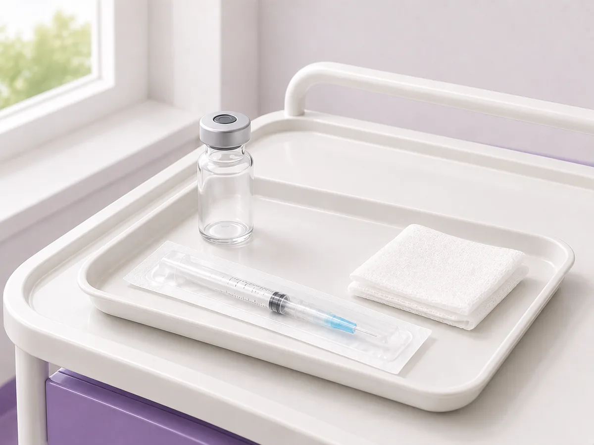 A vial of numbing medicine, a syringe and gauze on a clinic trolley, prepared for a surgical biopsy under local anaesthetic