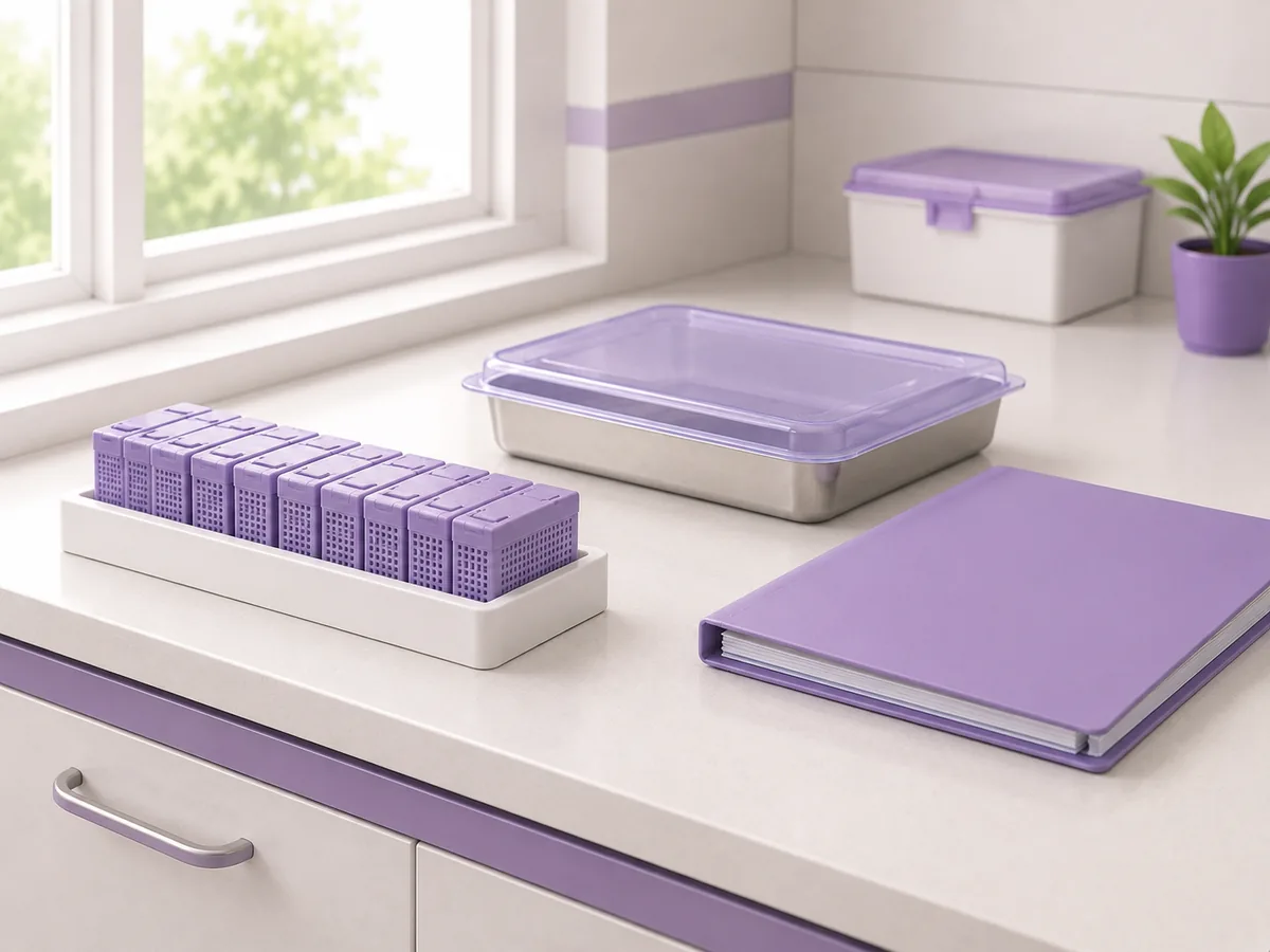 Tissue cassettes, a covered instrument tray and a case file - what the laboratory needs to process a surgical biopsy sample