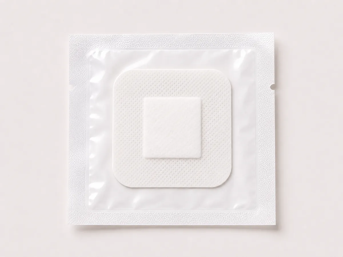 A sterile adhesive dressing in its pouch, of the kind placed over the wound once the stitches are in