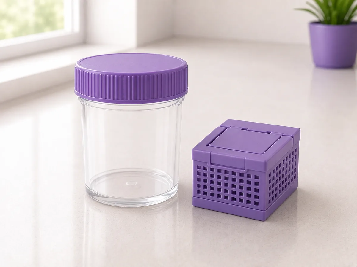 A specimen jar beside a single tissue cassette - a representative piece of a larger mass taken at an incisional biopsy