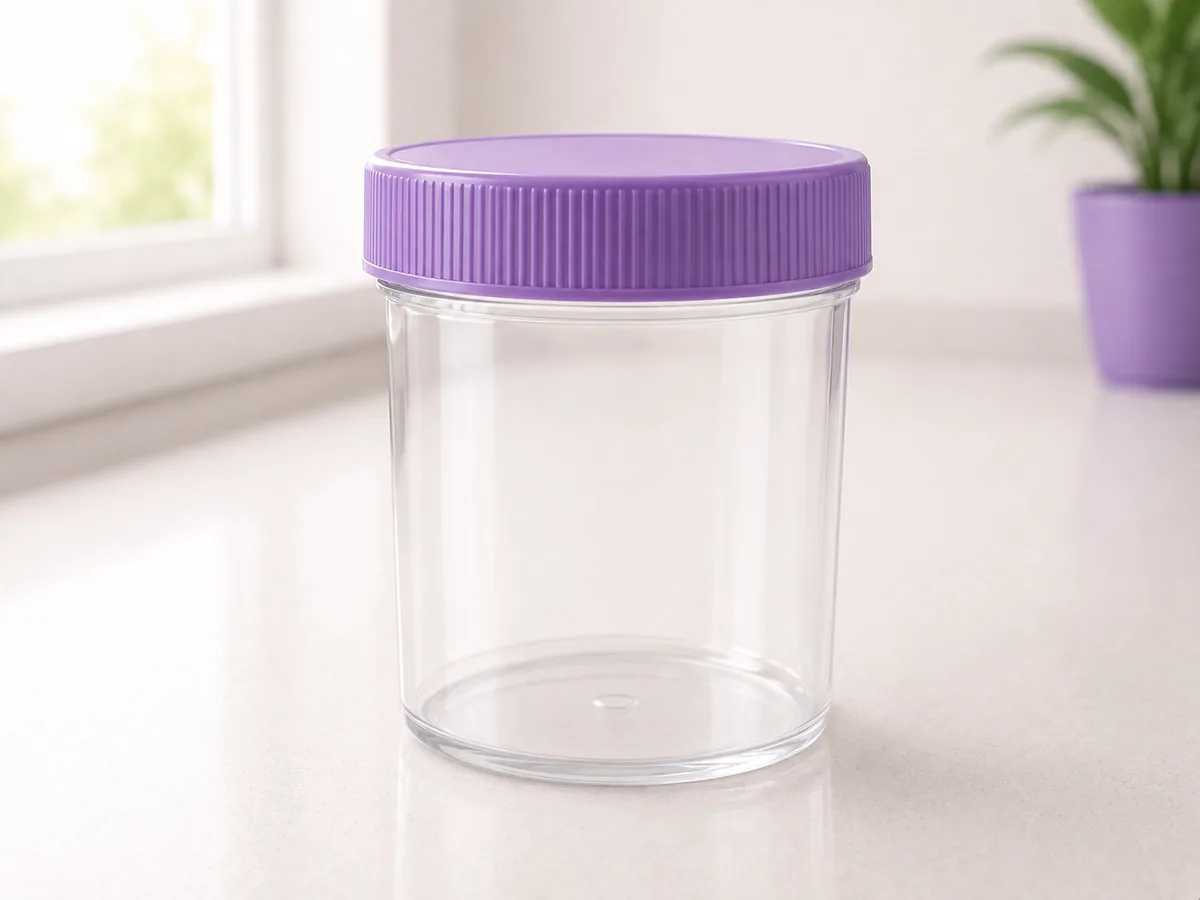 A sealed specimen jar of the kind a whole lump is placed in after an excisional biopsy